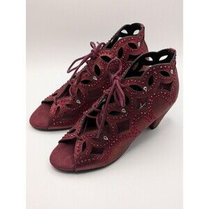 Joan Boyce Womens Denim Style Wine Red Cut Out Rhinestone Open Toe Heels Size 6M